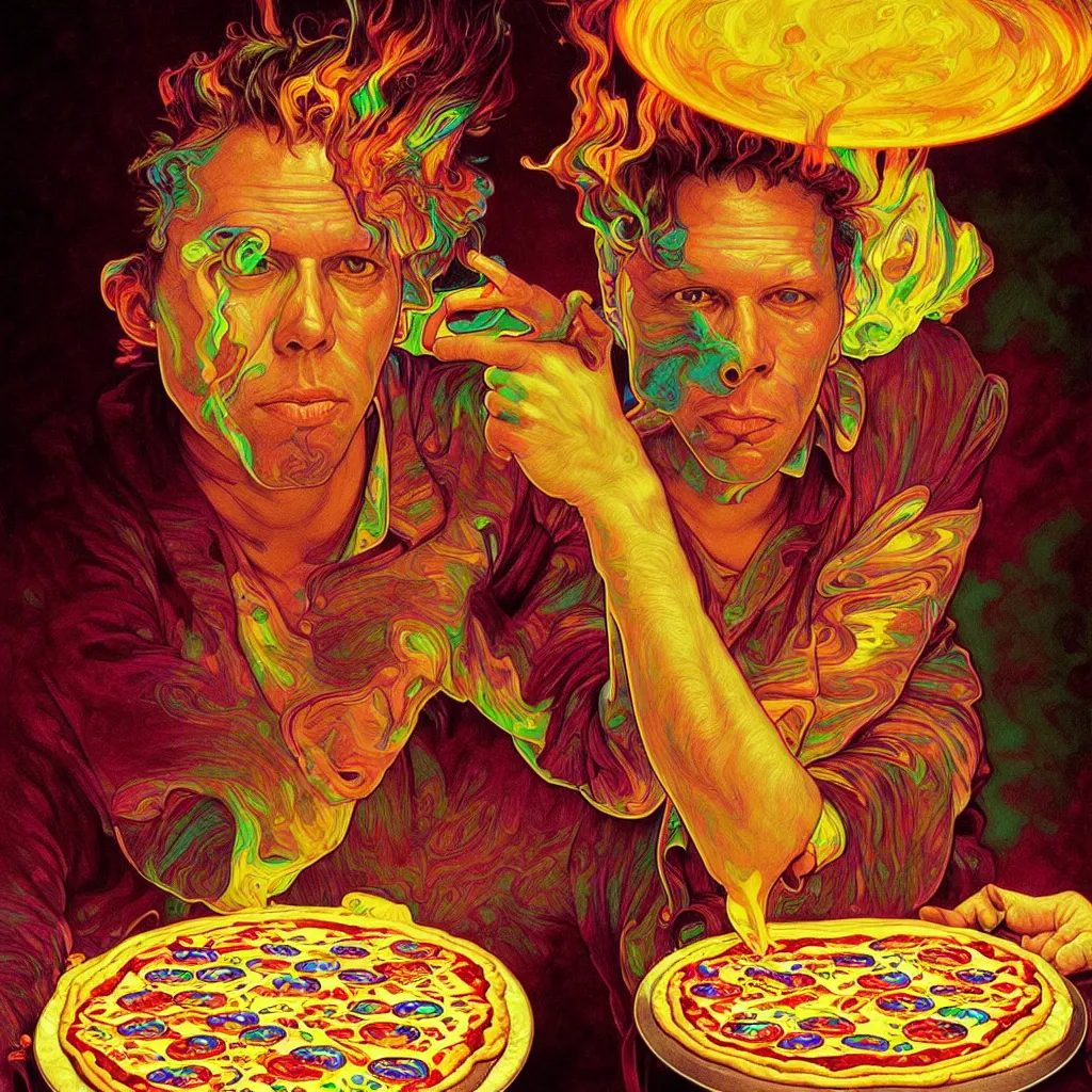 Image similar to bright psychedelic portrait of tom waits baking pizza, diffuse lighting, fantasy, intricate, elegant, highly detailed, lifelike, photorealistic, digital painting, artstation, illustration, concept art, smooth, sharp focus, art by John Collier and Albert Aublet and Krenz Cushart and Artem Demura and Alphonse Mucha