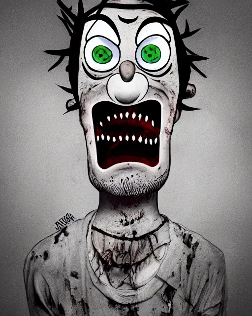 Image similar to portrait of an ugly old possessed crying clown in the style of justin roiland. ugly, creepy, demonic, horror. cinematic lighting. style of rick & morty. photographic, photography. by justin roiland