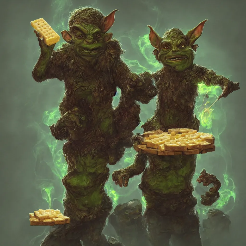 Image similar to Photorealistic fantasy painting of one single D&D goblin holding swiss cheese. Ominous green mist in the background. Magical occult photorealism, UHD, amazing depth, glowing, golden ratio, 3D octane cycle unreal engine 5, volumetric lighting, cinematic lighting, cgstation artstation concept art