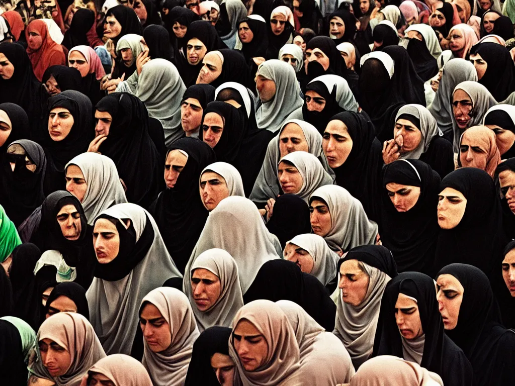Prompt: “A photograph of a close up on men and women mourning, crying for Imam Hussein in the Middle East, black costumes, tears, trance, green flags, highly detailed, realistic, analog Portra 400, grain”