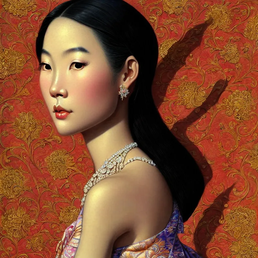 Prompt: close up portrait of the elegantly beautiful, sophisticated, fashionable, slender, rich, wholesome, young vietnamese princess, imagining the rings of saturn. intricate eye detail focus, baroque, batik, by norman rockwell, range murata jeremy lipking, trending on pinterest, vivid 8 k sharp depth of field, pristine global illumination, smooth 3 d, wallpaper quality.