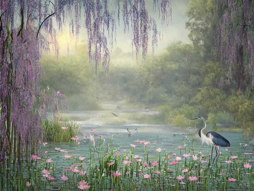 Image similar to a beautiful painting of blue heron in shallow river with waterfalls in distance, lake surrounded by beautiful willow and cherry blosom trees, lily pads, bullrushes, marsh, puffy clouds, morning dawn, intricate, highly detailed digital art, sylized, featured on artstation, by Artgerm and Mikko Lagerstedt