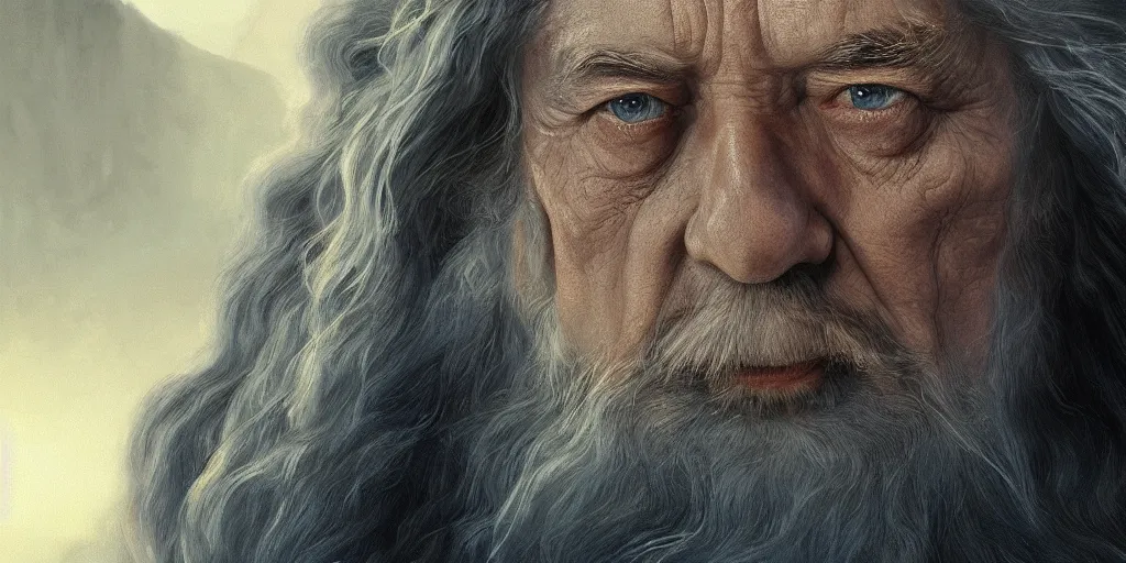 Image similar to Gandalf portrait, golden hour, rim lighting, detailed matte painting, cinematic, Alan Lee, Artstation