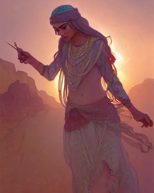 Image similar to bedouin in the desert, highly detailed, gold filigree, romantic storybook fantasy, soft cinematic lighting, award, disney concept art watercolor illustration by mandy jurgens and alphonse mucha and alena aenami, pastel color palette, featured on artstation