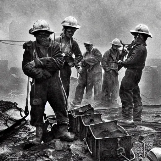 Prompt: an image of a group of men mining in a coal mine, in a medium full shot, russian and japanese mix, high - key lighting, warm lighting, overcast flat midday sunlight, a vintage historical fantasy 1 9 8 2 photo from life magazine.