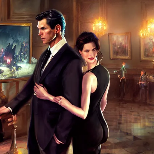 Image similar to daniel gerhartz and artgerm and wlop detailed portrait digital painting of a bruce wayne and selina kyle at a party in a mansion, mansion interior in the background, unreal engine, hyper realism, realistic shading, cinematic composition, blender render, octane render, hdr, detailed textures, photorealistic, 3 5 mm film