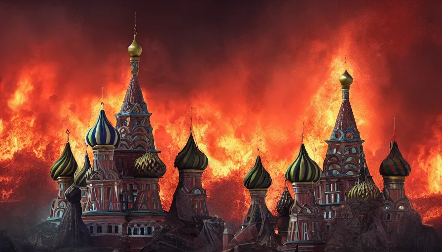 Image similar to Fire and explosions on Red Square, St Basil cathedral is destroyed by a nuke, sci-fi concept art, nuclear mushroom, lots of fire, panic, dark, clouds, 8k, high detail, advanced rendering whimsically designed art, 4k post-processing highly detailed, Soft illumination