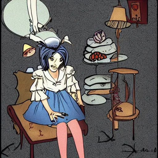 Image similar to Alice from Alice in wonderland enclosted in a mental clinic by gen hurobushi