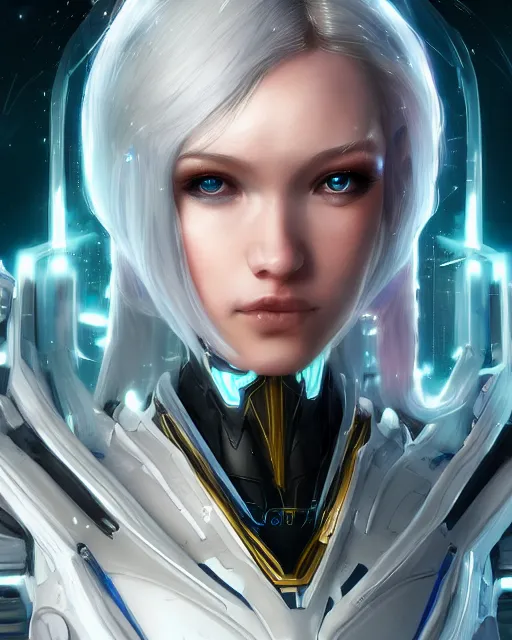 Image similar to perfect android girl on a mothership, warframe armor, beautiful face, scifi, futuristic, galaxy, nebula, raytracing, dreamy, long white hair, blue cyborg eyes, sharp focus, cinematic lighting, highly detailed, artstation, divine, by gauthier leblanc, kazuya takahashi, huifeng huang