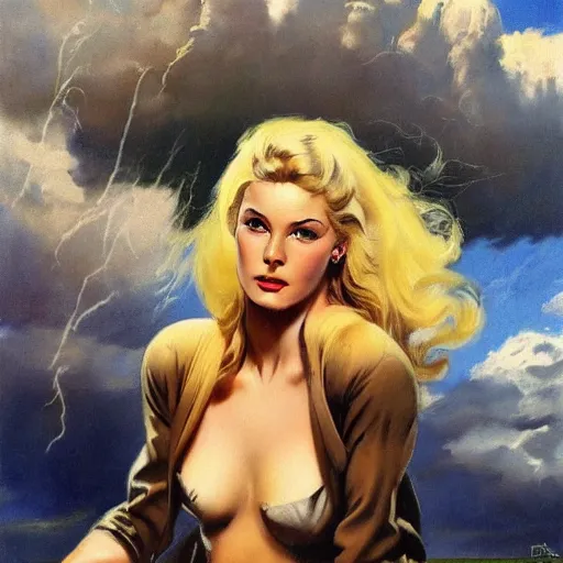 Prompt: ultra realistic portrait painting of a blonde girl as an outlaw, art by frank frazetta, vintage levi ’ s ad, stormy weather, dark vibes, 4 k, ultra realistic, highly detailed, epic lighting