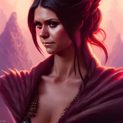 Prompt: Nina Dobrev as a fantasy rogue, closeup character portrait, D&D, fantasy, intricate, elegant, highly detailed, digital painting, artstation, concept art, matte, sharp focus, illustration, art by Artgerm and Greg Rutkowski and Alphonse Mucha