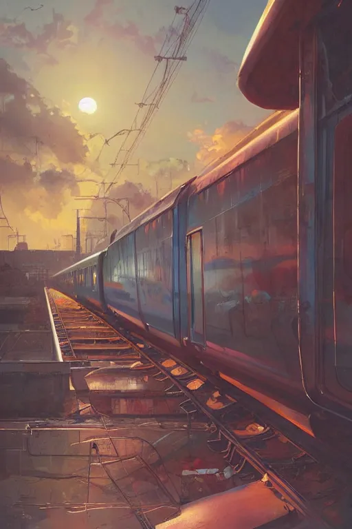 Prompt: trains covered in graffiti, greg rutkowski, and moebius and loish and artgerm, painterly, illustration, sunset lighting, beautiful artist rendering, gorgeous