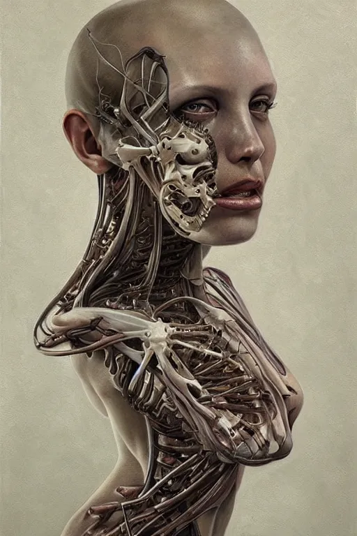 Prompt: beautiful portrait of biomechanical being by marco mazzoni, vanessa beecrof, remnev andrey, detailed, realistic skin color