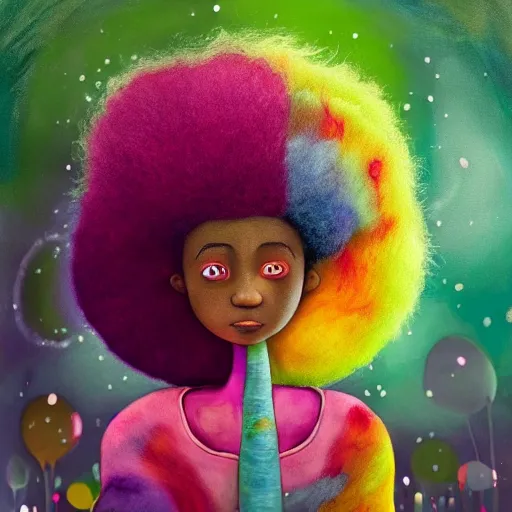 Prompt: a girl with a big colorful! dream a black girl with a colorful afro and big beautiful eyes, in a candy forest! at night, bright colours, watercolor, volumetric wool felting, macro photography, children illustration, by goro fujita