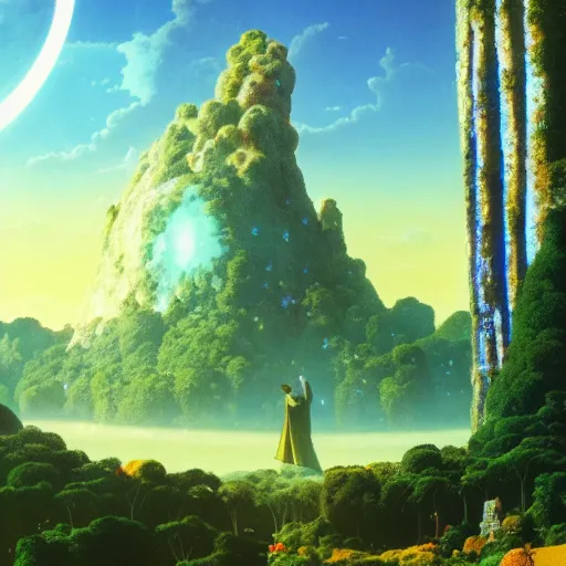 Prompt: a magical wizard in front of a big and mystical of a big and structured fantasy kingdom city, god rays, giant tree, portal to outer space Maxfield Parrish, digital art 8k, trending on artstation, anime, unreal engine