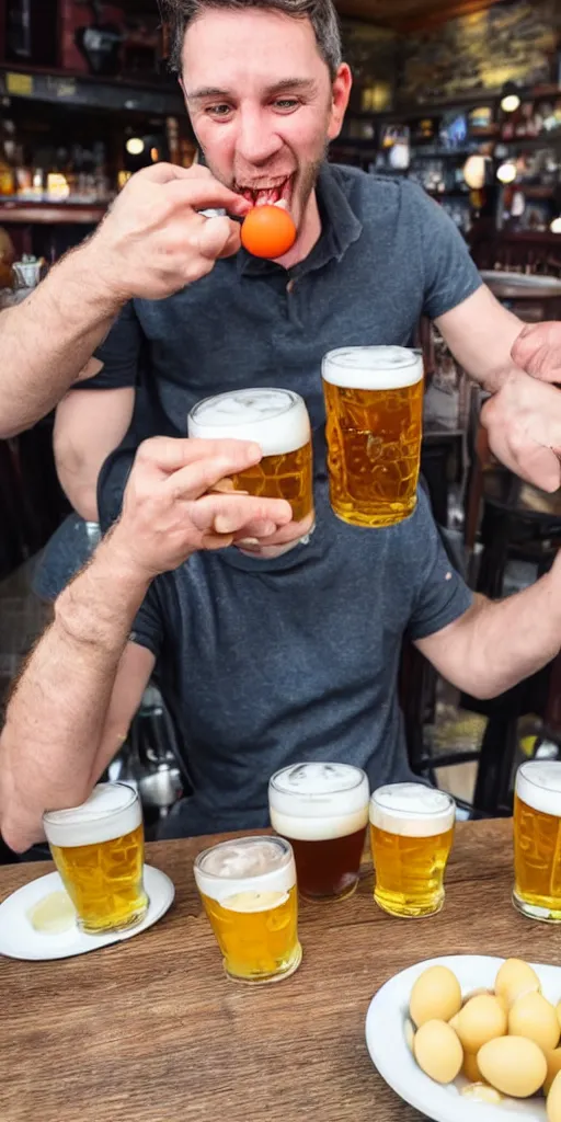 Prompt: british man eating pickled eggs and pints at the pub