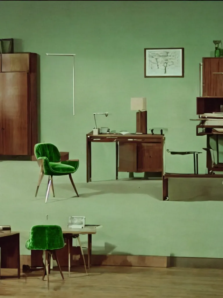 Image similar to a still of severance series indoor 7 0 s green velvet and wood with metal furniture office scenario appearing in a film of jacques tati