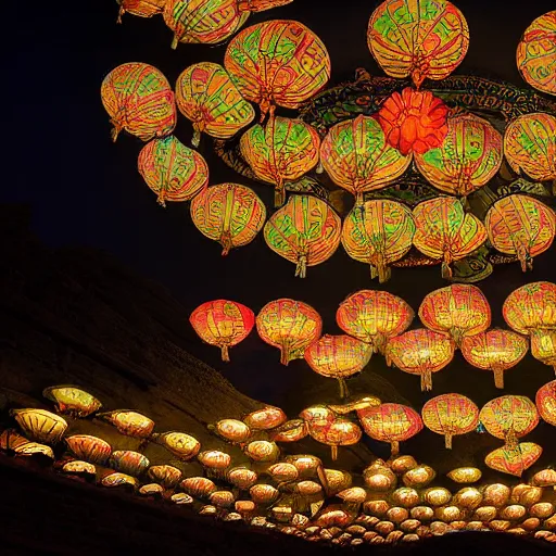 Image similar to concept art, lotus lanterns on the eve of ullambana festival, high resolution, cave temples of dunhuang - style