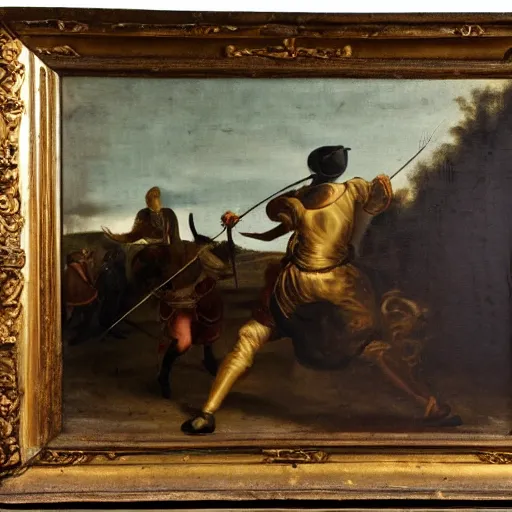 Prompt: medium-shot fencing in 17th century, oil painting, dark background, ominous,