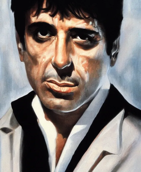 Prompt: headshot portrait. tony montana from movie scarface 1 9 8 3. al pacino, perfect symmetric face, coherent eyes, fine details., 4 k, ron cobb