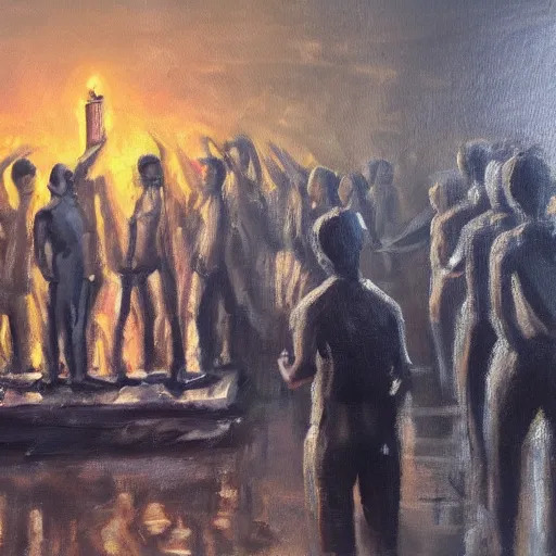 Prompt: an oil painting of a oil being worshipped my millions in Dhaka city, concept art