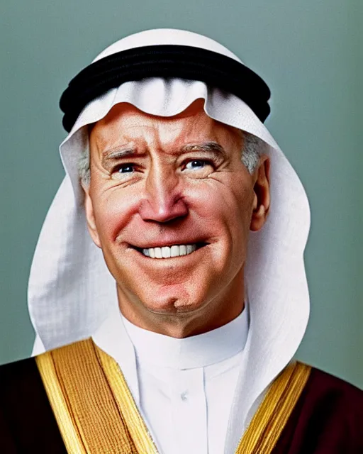 Prompt: a picture of joe biden as a muslim sheikh from saudi arabia, portrait, closeup, ektachrome