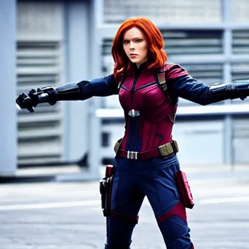 Image similar to “A still of Chris Evans as Natasha Romanoff in the film Avengers, high definition”