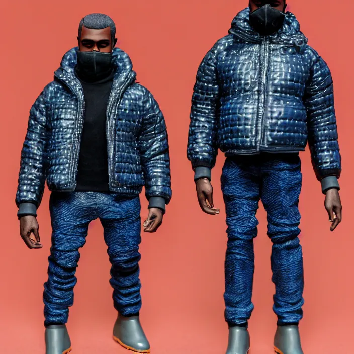 Image similar to a goodsmile figure of kanye west using full face - covering mask with small holes. a small, tight, undersized reflective bright blue round puffer jacket made of nylon. a black shirt underneath. dark jeans pants. a pair of big black rubber boots, figurine, detailed product photo