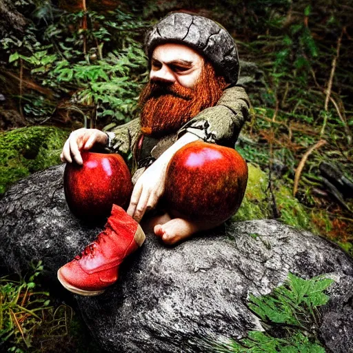 Prompt: A picture of a magical mysterious dwarf sitting on a rock in the forest eating red apple, style of Petar Meseldžija, ultra detailed, hyper realistic