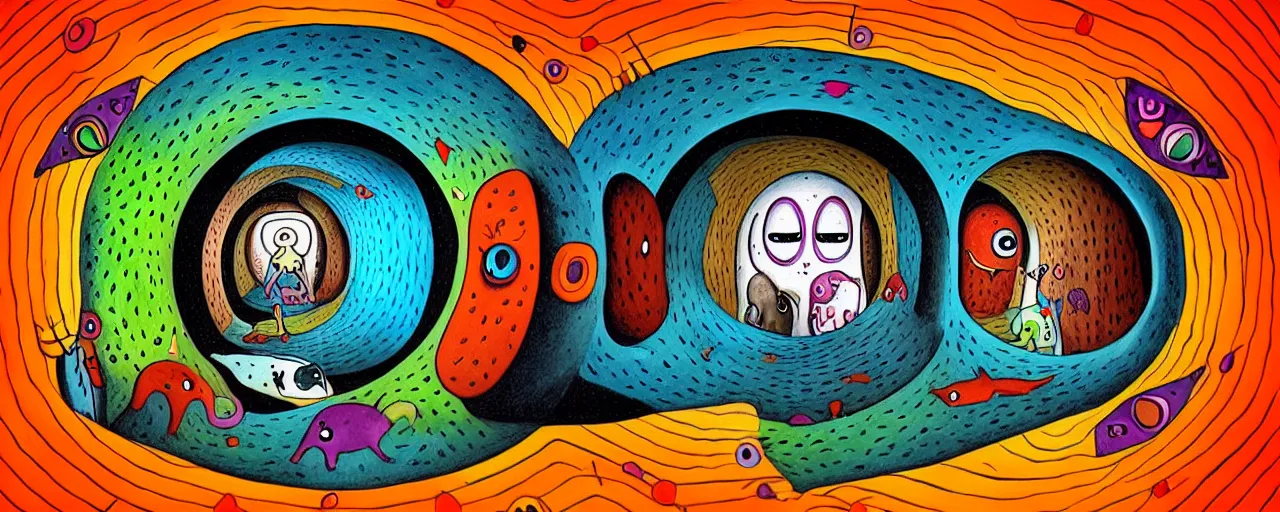 Image similar to deep ego - self axis tunnel with a strange whimsical wild creatures with endearing eyes, painted by ronny khalil