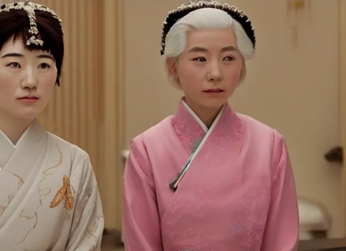 Prompt: a film still of a japanese princess young lady, with white hair and bangs!!!! in the grand budapest hotel ( 2 0 1 4 )