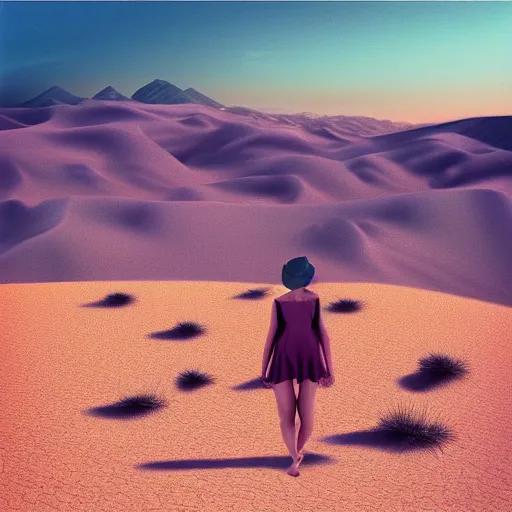 Prompt: “a girl stood among the desert dunes, pondering the mountains in the distance, peaceful pastel palette, matte painting.”