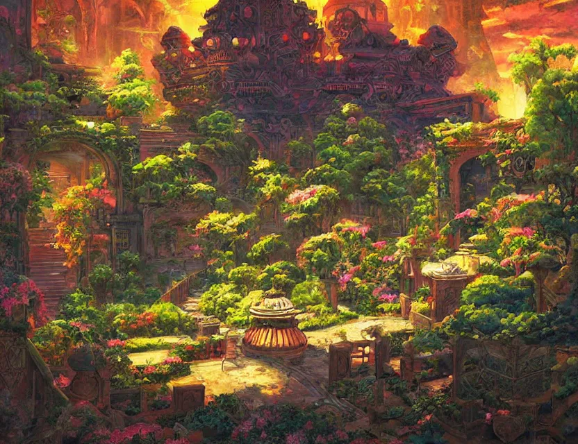 Image similar to persian garden in a galactic fortress. this oil painting by the award - winning mangaka has dramatic lighting, an interesting color scheme and intricate details.