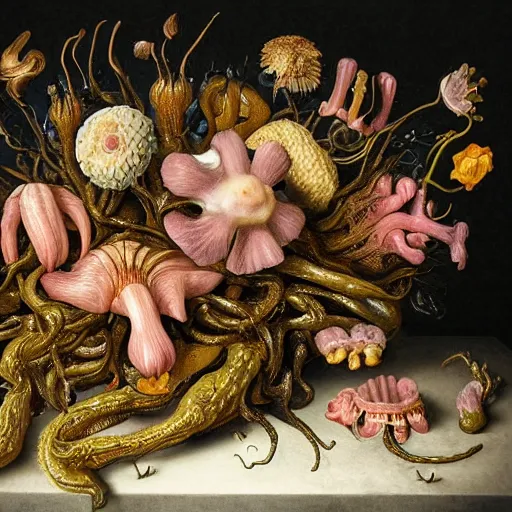 Image similar to disgusting disturbing dutch golden age bizarre mutant flower floral still life with many human toes realistic human toes teeth drool tongue blossoming everywhere insects very detailed fungus tumor disturbing tendrils bizarre slimy forms sprouting up everywhere by rachel ruysch christian rex van minnen black background chiaroscuro dramatic lighting perfect composition high definition 8 k 1 0 8 0 p