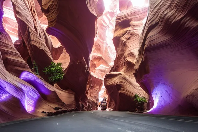 Prompt: futuristic luxurious street with Singaporean lush onsen with royal white and pink and white and luxurious gold colors, advanced civilization, high-end onsen, at the Antelope canyon with rocks formed by water erosion, walls made of beautiful smooth sandstone light beams that shine, polish narrow slots of walls into a striated swirling finish, waterfalls flowing with a volcanic lava eruption, lavs flowing through the land, digital painting, concept art, smooth, sharp focus, from Star Trek 2021, illustration, by WLOP and Ruan Jia and Mandy Jurgens and William-Adolphe Bouguereau, Artgerm