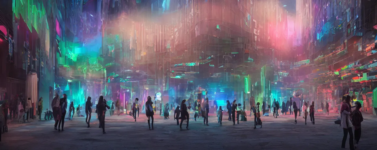 Prompt: A colorful science fiction neigbourhood, in the future. The walls change colour and shape depending on the clothing of the people walking in front of them, epic lighting, 8K, volumetric light, lightrays, 35mm, urban, hyperrealistic, insanely detailed, atmospheric