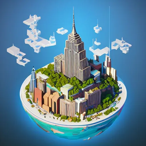 Image similar to floating island with new york city in the sky, low poly, isometric art, 3d art, high detail, artstation, concept art, behance, ray tracing, smooth, sharp focus, ethereal lighting