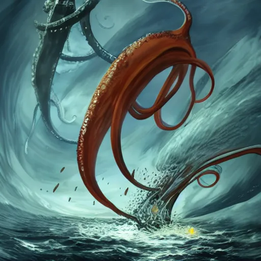 Image similar to a giant squid attacking a ship, its tentacles wrapping around the ship, tentacles coming out of the water, the squids head peaking out of the water, trending on artstation, highly detailed, dramatic lighting