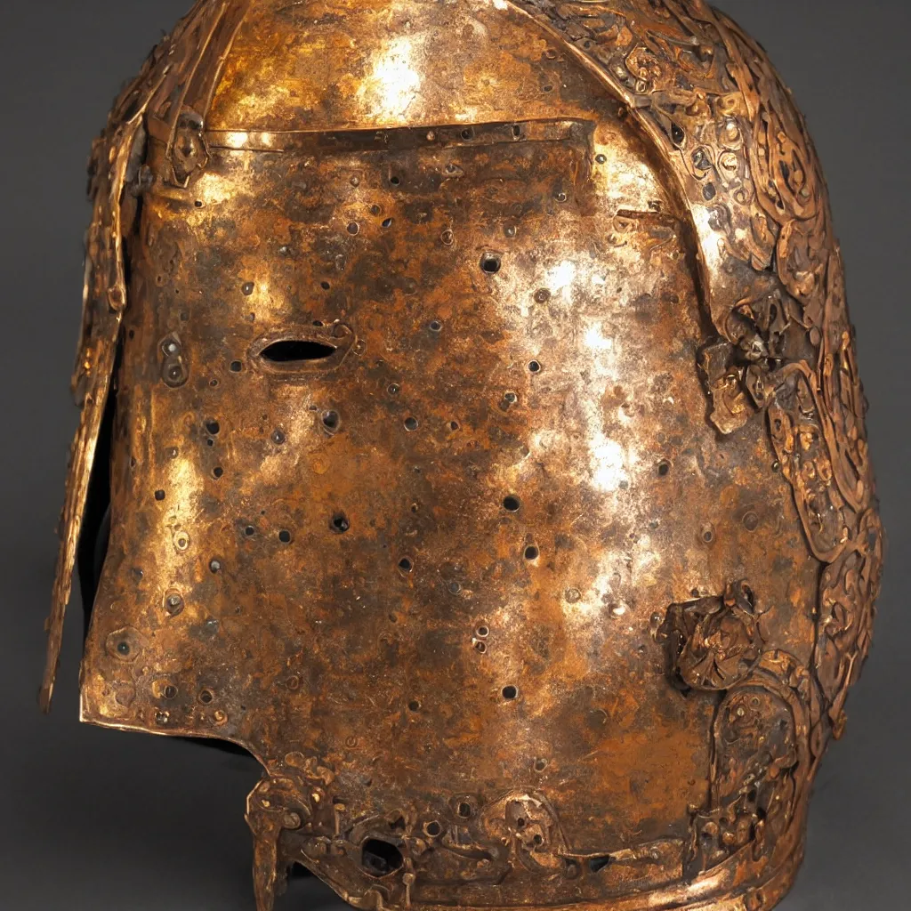 Prompt: a real knight's helmet that is made of copper and gold, beautiful sculpted details