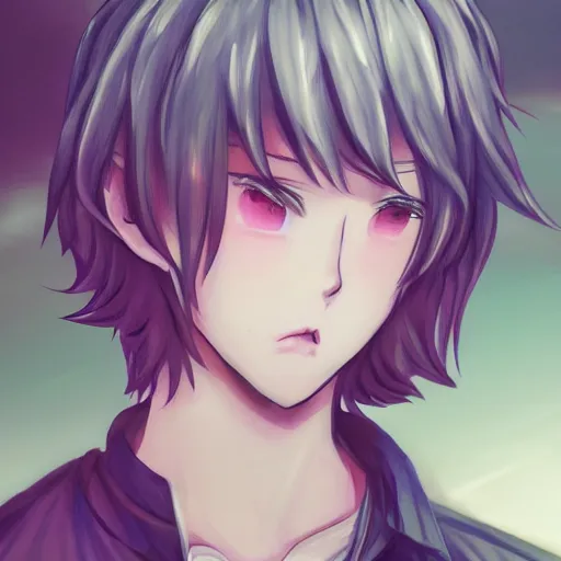 Image similar to cute anime boy standing by a large river,detailed face,detailed eyes,pink lips,upturned nose, digital art , highly detailed , high contrast, beautiful lighting, award winning , trending on art station, photorealistic, 8k