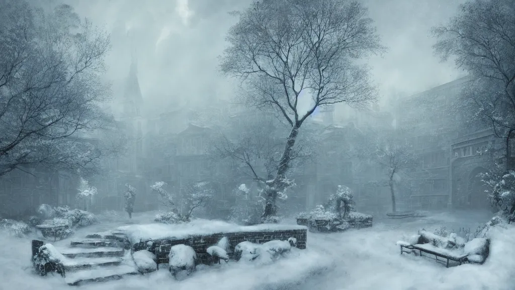 Image similar to the secret garden under heavy snow, surrounded by tall walls. andreas achenbach, artgerm, mikko lagerstedt, zack snyder, tokujin yoshioka