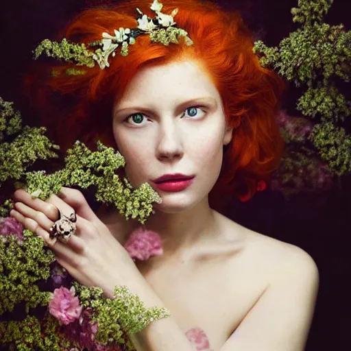 Image similar to !dream Fine art photo of the most beautiful woman, she is redhead, she is posing while maintain a sweet eye contact to the camera, she has a crown of flowers, she has perfect white teeths, the photo was taking by Annie Leibovitz, matte painting, oil painting, naturalism