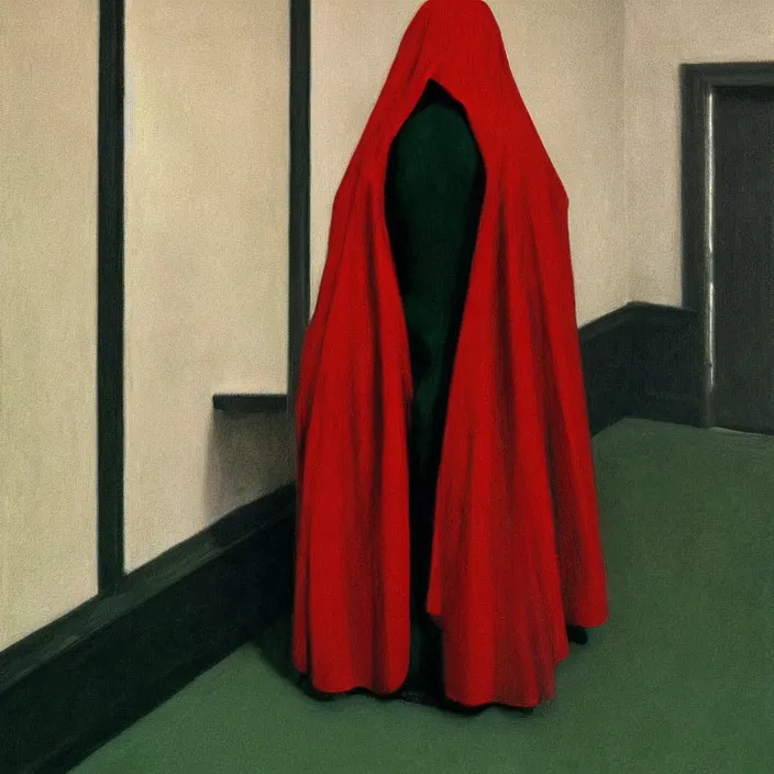 Image similar to woman in black robed, back to us, arms to the sides, dressed in red paper bags, holding stack of green paper bags, highly detailed, artstation, art by edward hopper, zdislav beksinski, wayne barlowe, edward hopper