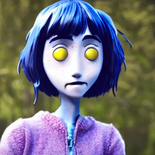 Image similar to natalia dyer starring as live action coraline, movie still, 8 k