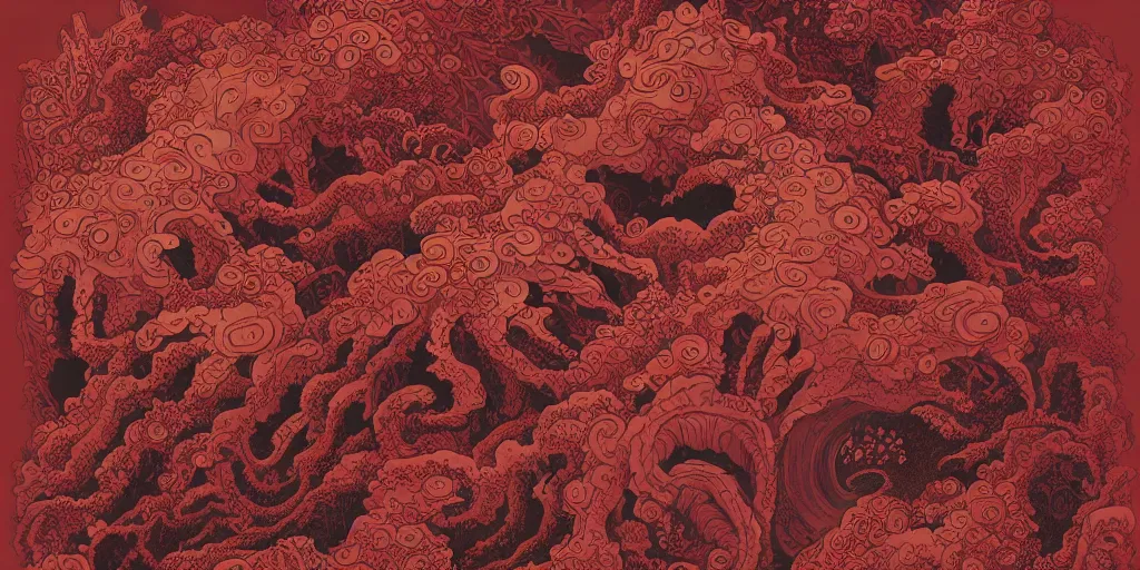 Image similar to dark red paper with intricate designs,tarot card ,a mandelbulb fractal dolomites and hay monsters, tyrolean folklore masks,full of golden layers, flowers, cloud, vines, mushrooms, swirles, curves, wave,by Hokusai and Mike Mignola, trending on artstation,elaborate dark red ink illustration