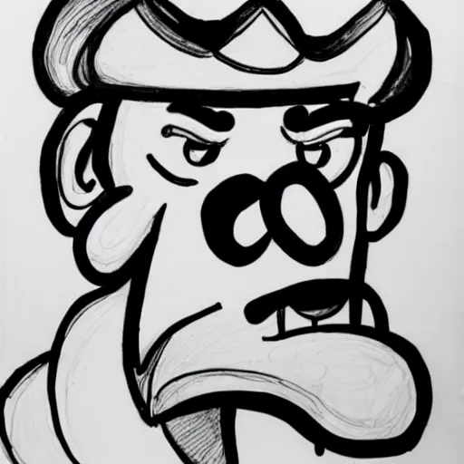 Prompt: continuous single line contour - drawing of waluigi, pen on white paper