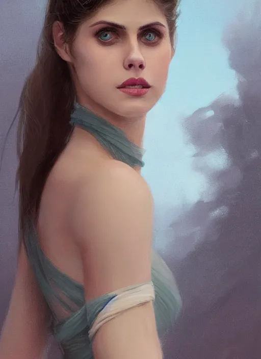Image similar to a digital painting of Alexandra Daddario wearing a off the shoulder dress, by netter, beautiful, gorgeous, long hair, style from greg rutkowski, beautiful eyes, full frame, oil painting, featured on artstation, concept art, smooth, sharp focus, illustration, very detailed, ambient lighting, unreal engine render, concept art by Atey Ghailan, by Loish, by Bryan Lee O'Malley