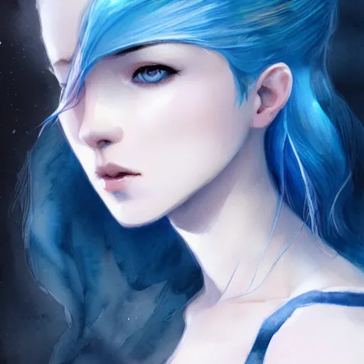 Prompt: young boy, blue hair, gorgeous, amazing, feminine, elegant, intricate, highly detailed, watercolor, artstation, concept art, sharp focus, portrait, illustration, art charlie bowater and Ross tran