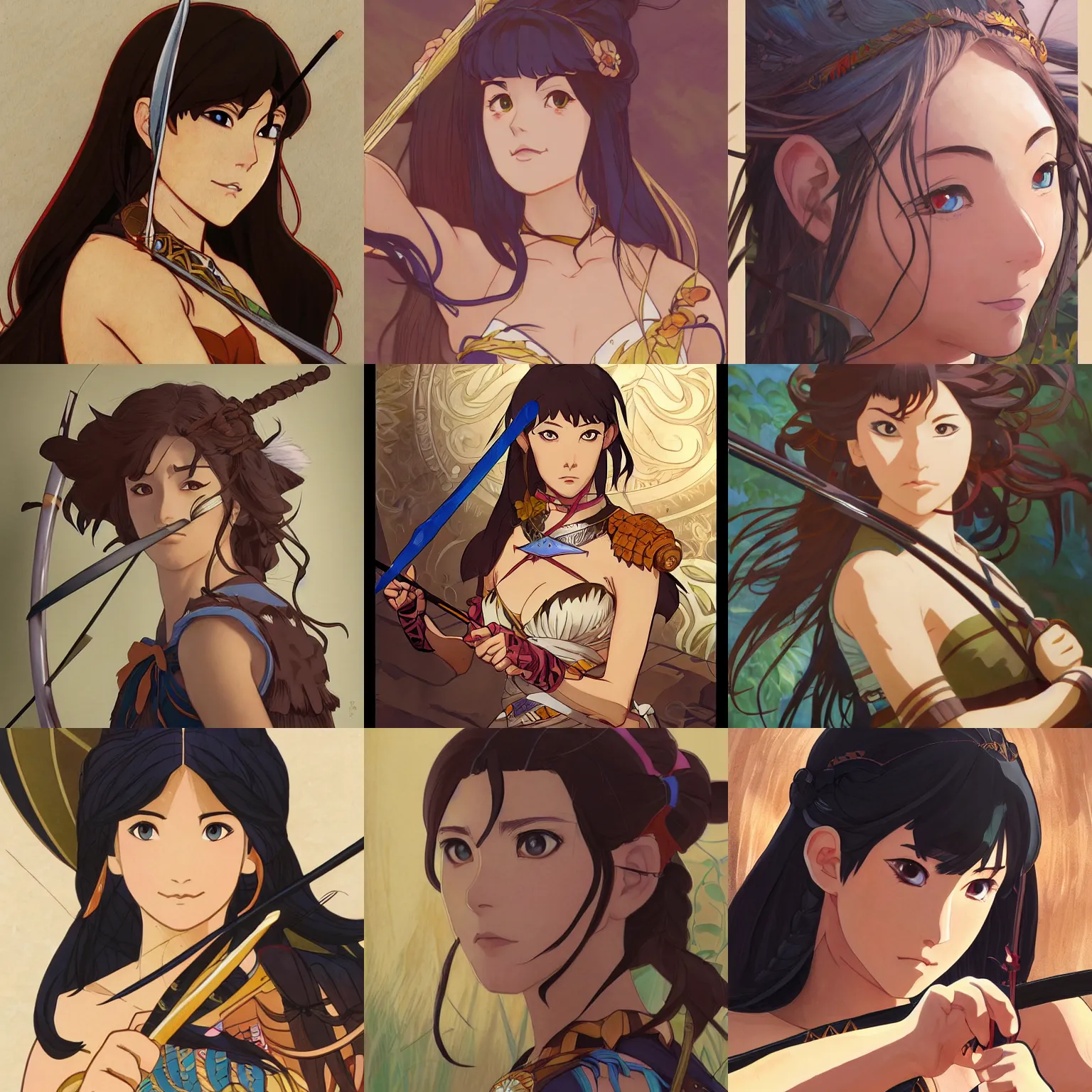 Prompt: Character portrait of an Amazon warrior drawing her bow, fantasy, beautiful face, highly detailed, cel shading, digital painting, anime key visual, Disney and Kyoto Animation, by Makoto Shinkai and Hayao Miyazaki, by Ilya Kuvshinov and Alphonse Mucha and Krenz Cushart