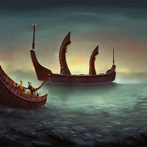 Prompt: a digital painting of a viking ship, digital painting, hyper realistic, nordic mythology, full of details, in the style of simon stalenhag,